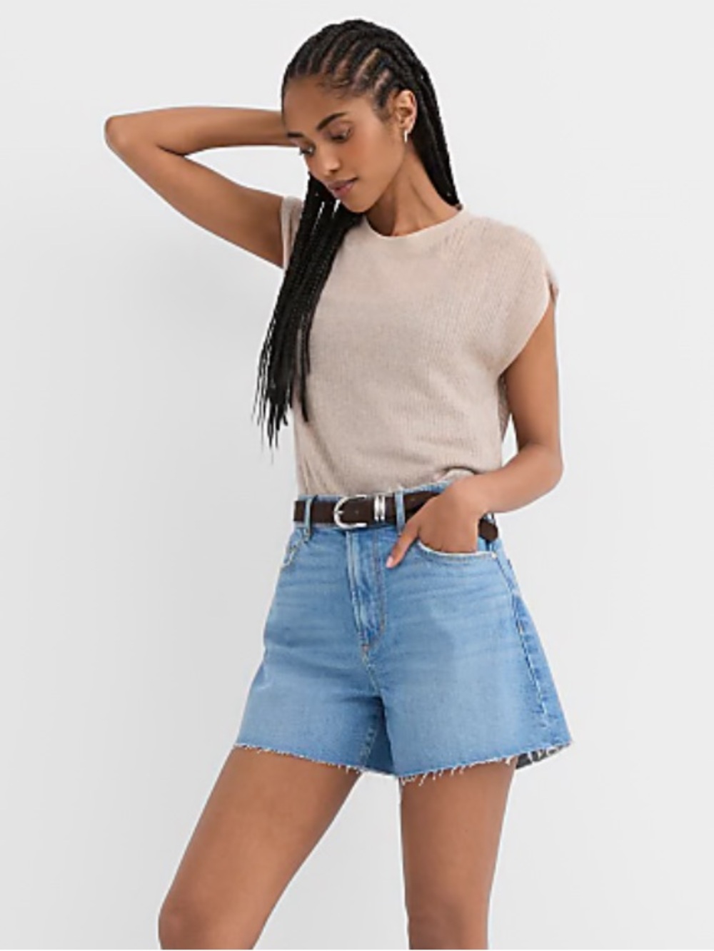 LOFT Rivete High Rise Cut Off Denim Shorts in Mid Wash PETITE